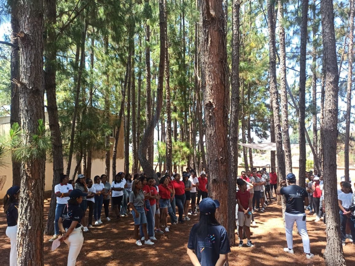 Grand groupe réuni dans une pinède pour écouter les consignes d'un séminaire